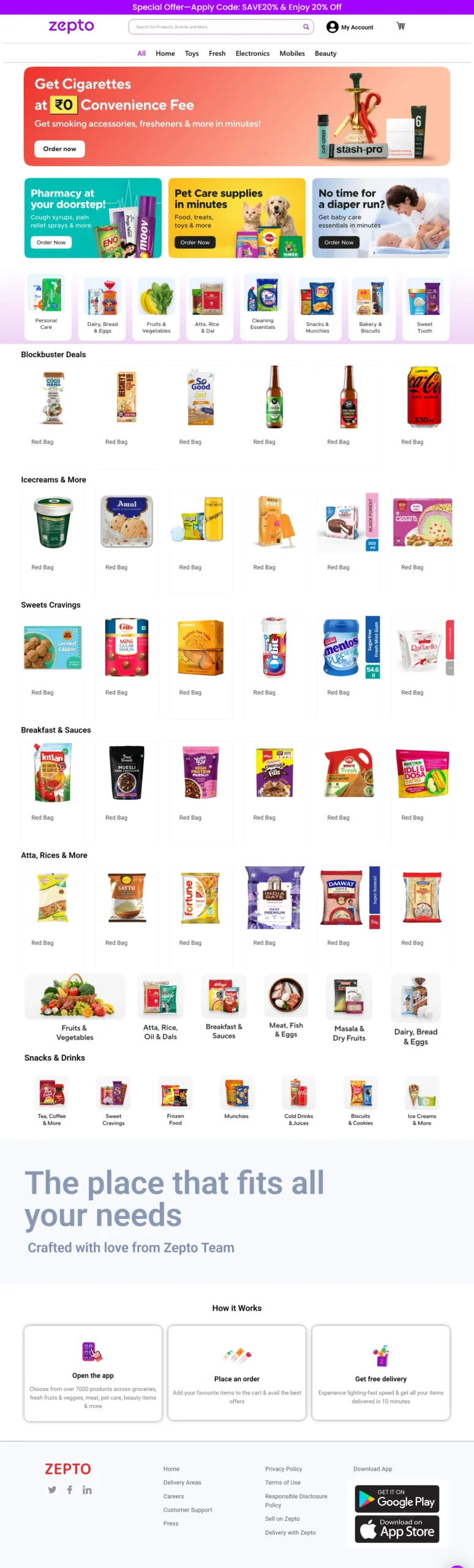 Zepto grocery ecommerce website developed by Harshit Grover